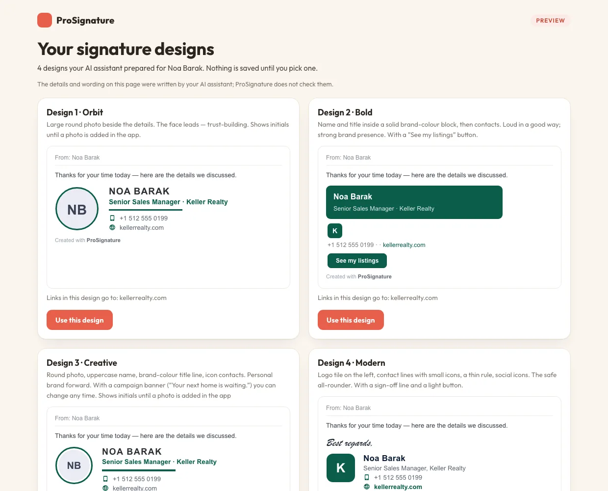 Four email signature designs an AI assistant prepared with ProSignature for a real-estate sales manager, shown side by side with a Use this design button under each