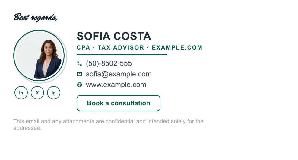 CPA accountant email signature example with photo, tax advisor title and booking button