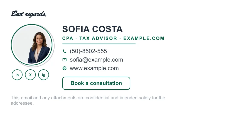 Accountant email signature example with logo and contact details