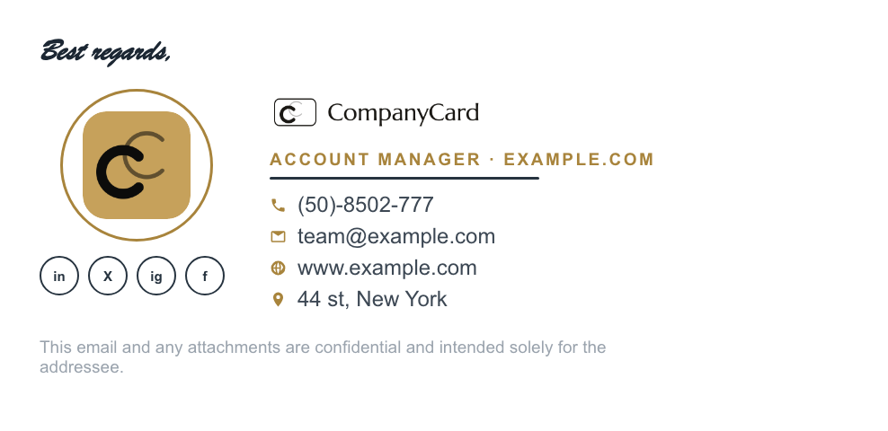 Company email signature example with brand logo, wordmark, location line and social icons
