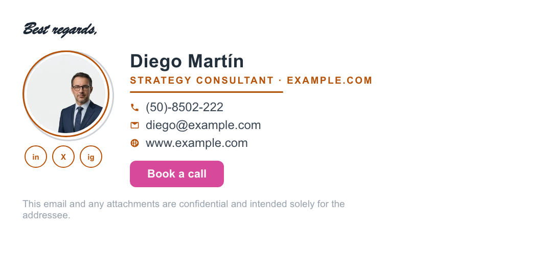 Strategy consultant email signature example with photo and book-a-call button