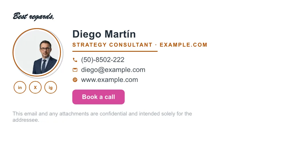 Consultant email signature example with book-a-call button