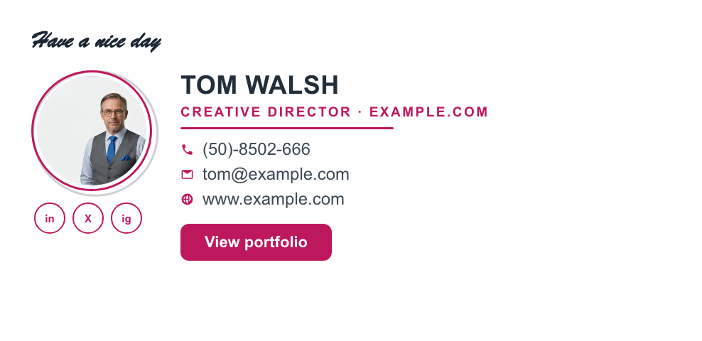 Creative director email signature example with photo and view-portfolio button