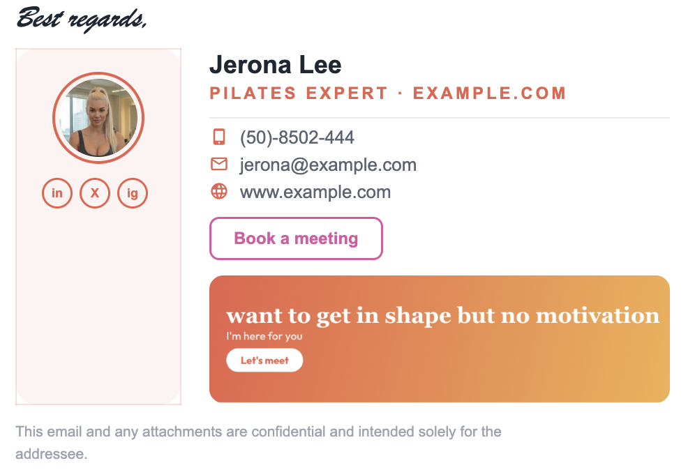 Fitness coach email signature example with photo, booking button and a gradient promo banner
