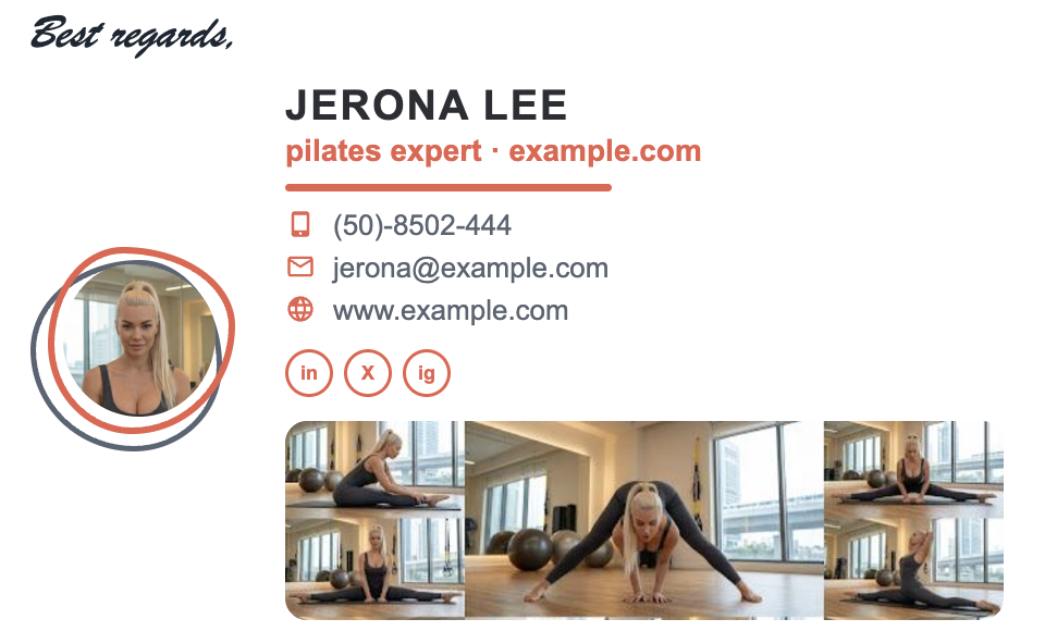 Pilates instructor email signature example with a photo strip showing training sessions