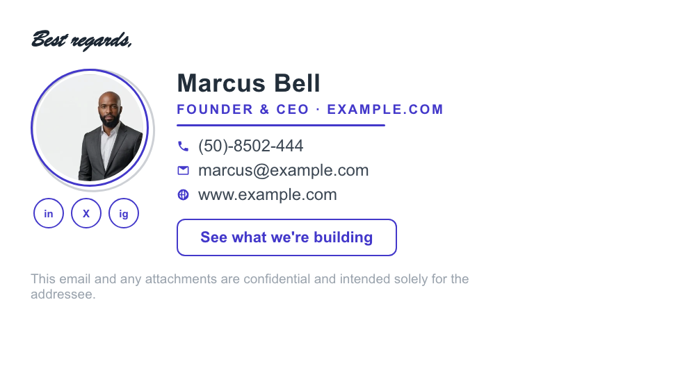 Startup founder email signature example with photo and a see-what-we-are-building link