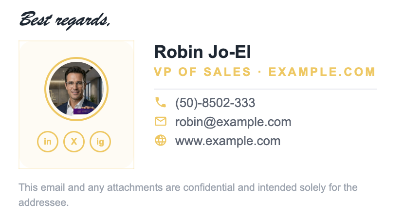 Gold-themed email signature example with framed photo and matching social icons