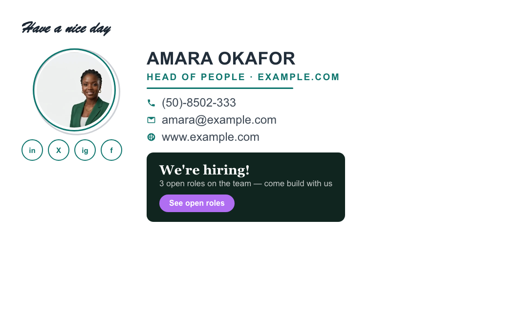 HR email signature example with photo and a we-are-hiring banner linking to open roles