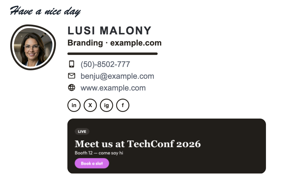 Marketing email signature example with an event banner promoting a conference booth