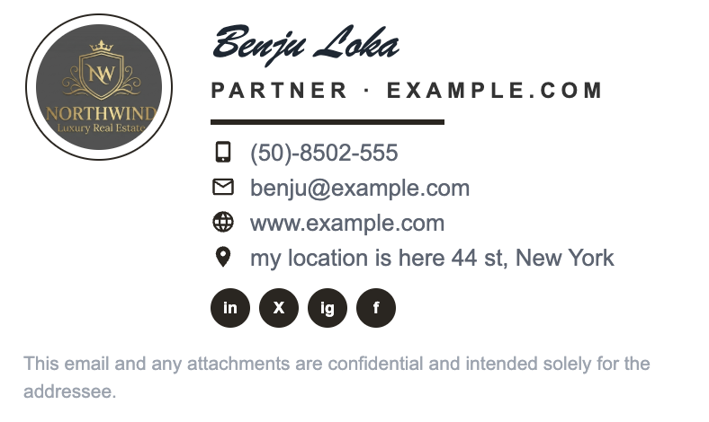 Luxury real estate email signature example with company logo, partner title, location line and social icons