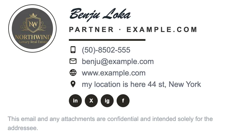 Real estate email signature example with company logo and social icons