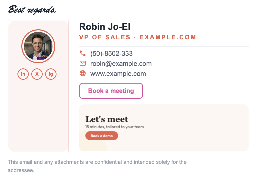Email signature example with sidebar photo card, book-a-meeting button and a campaign banner