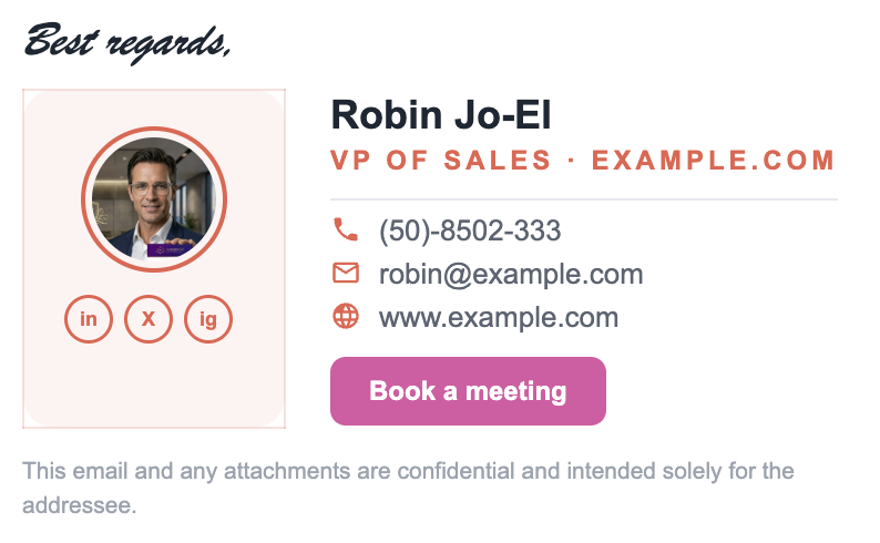 Email signature example with a prominent book-a-meeting call-to-action button and confidentiality line