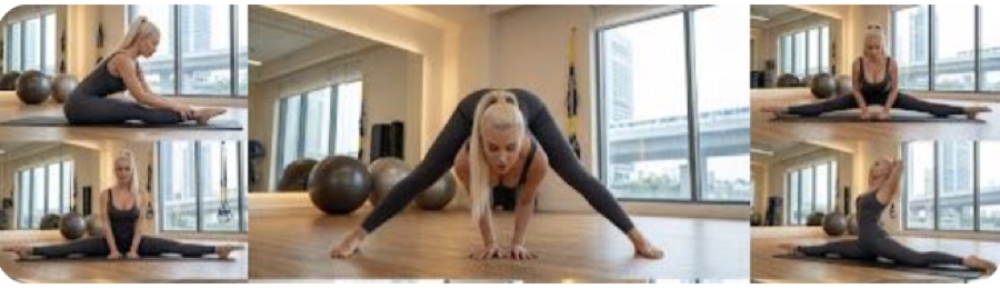 Photo strip of Jerona Lee doing pilates stretches and splits in a studio