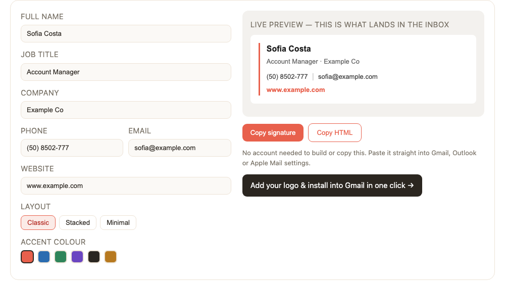 ProSignature's free email signature generator — your details on the left, the live preview on the right